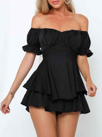 Combinaison Short Femme Boho – Romper Chiffon Épaules Dénudées Volants