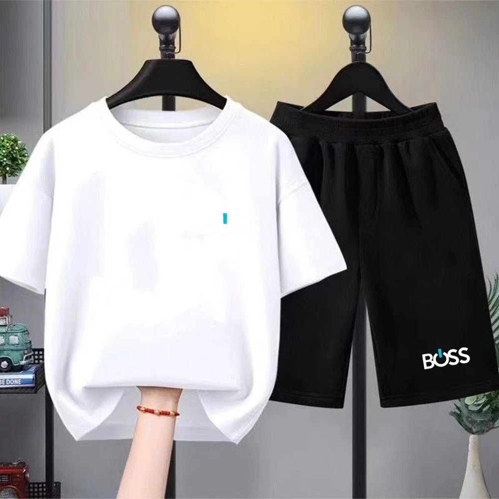 Child T-shirt Summer Short Sleeve Print Children Age 3-12 Girls Boy Set White Black Tshirt+Shorts 2pcs Leisure Fashion Kids Set - Astra Wear astrawear.ca