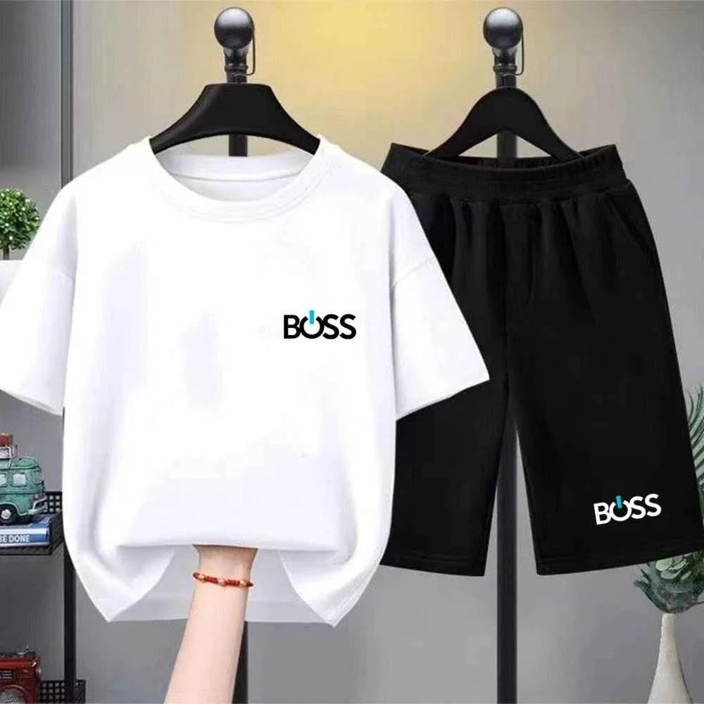 Child T-shirt Summer Short Sleeve Print Children Age 3-12 Girls Boy Set White Black Tshirt+Shorts 2pcs Leisure Fashion Kids Set