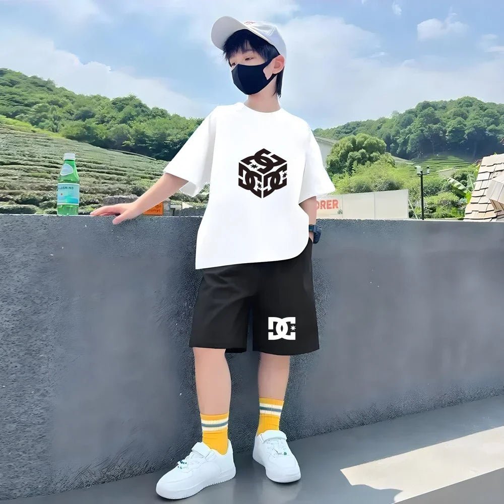 Children White T-Shirt Two-Piece Set Short-Sleeved+Shorts Summer Boy Girl Toddler 3-12 Years Casual Fashion Cool Brand Set - Astra Wear astrawear.ca