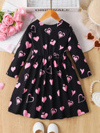 Children's clothing for girls, European and American fashion, comfortable, heart printed round neck long sleeved dress - Astra Wear astrawear.ca
