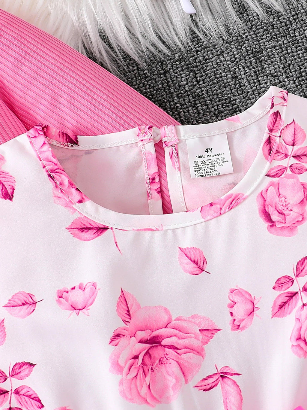Children's clothing girl autumn fashion casual pink floral dress set 2-piece set - pink round neck vest+pink floral skirt - Astra Wear astrawear.ca