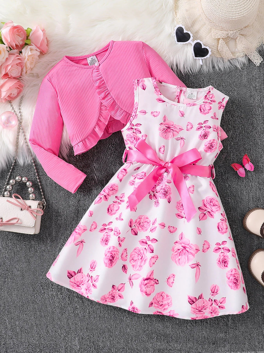 Children's clothing girl autumn fashion casual pink floral dress set 2-piece set - pink round neck vest+pink floral skirt - Astra Wear astrawear.ca