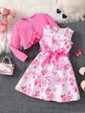 Children's clothing girl autumn fashion casual pink floral dress set 2-piece set - pink round neck vest+pink floral skirt - Astra Wear astrawear.ca