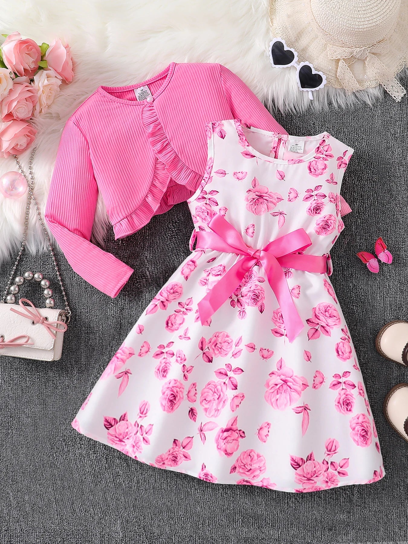 Children's clothing girl autumn fashion casual pink floral dress set 2-piece set - pink round neck vest+pink floral skirt - Astra Wear astrawear.ca