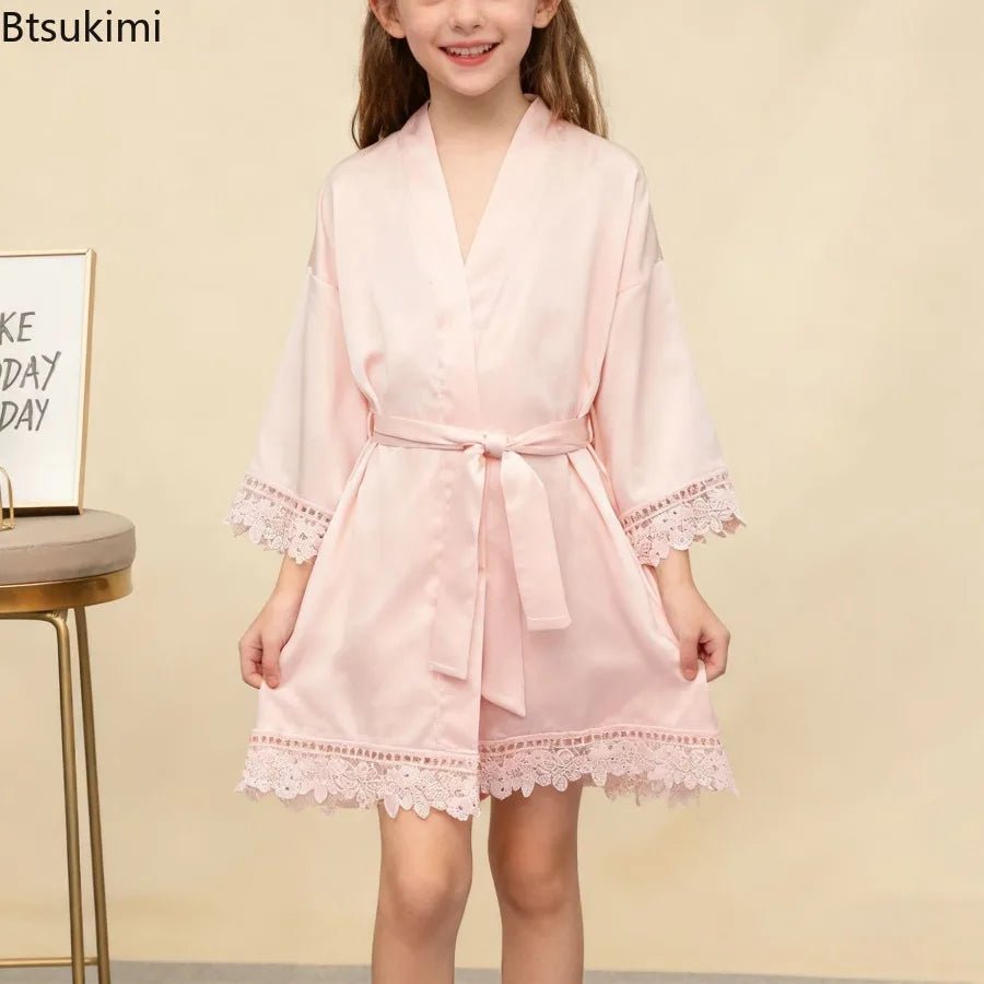 Children's Ice Silk Pajama Robe Solid Color Matte Lace Morning Robe Pajama Smooth Soft Comfortable Casual Child Sleeping Robe - Astra Wear astrawear.ca
