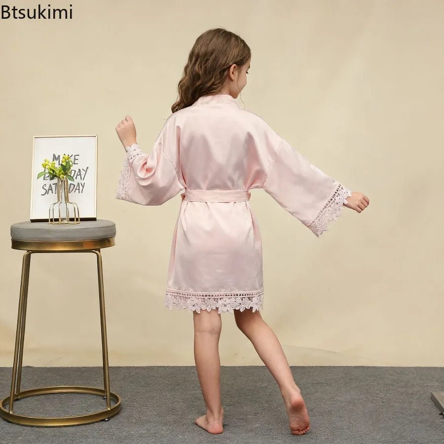 Children's Ice Silk Pajama Robe Solid Color Matte Lace Morning Robe Pajama Smooth Soft Comfortable Casual Child Sleeping Robe - Astra Wear astrawear.ca