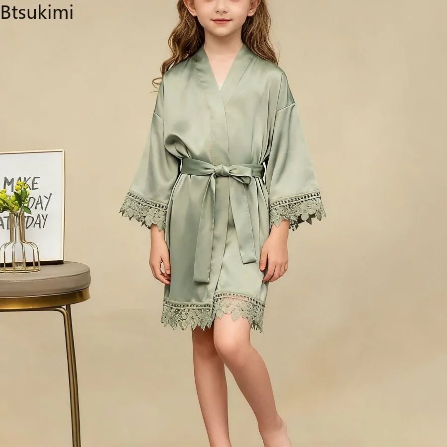 Children's Ice Silk Pajama Robe Solid Color Matte Lace Morning Robe Pajama Smooth Soft Comfortable Casual Child Sleeping Robe - Astra Wear astrawear.ca
