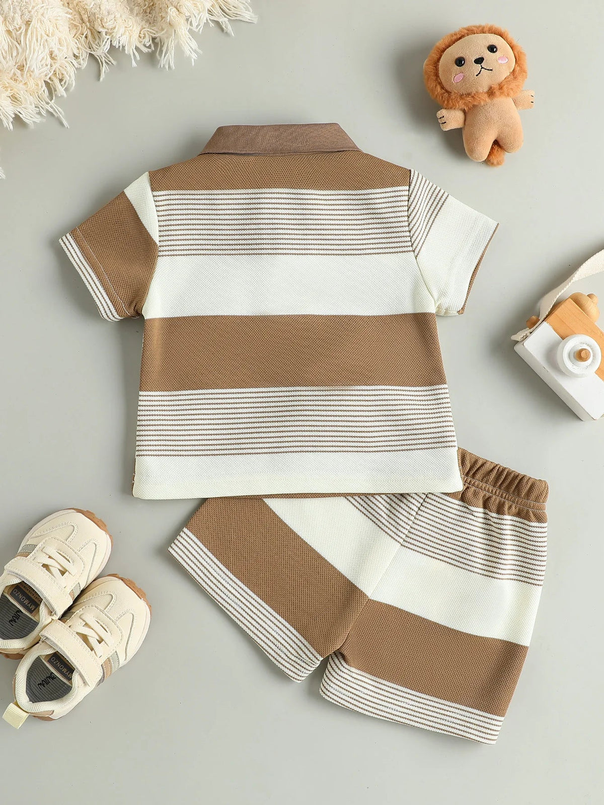 Children’s Summer New Arrival Boys’ Regular Striped Teddy Bear Short T-Shirt and Shorts Casual Sport Two-Piece Set - Astra Wear astrawear.ca