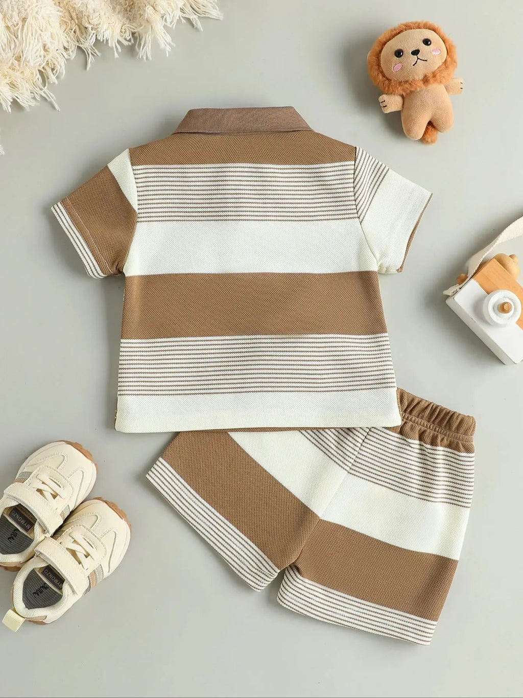 Children’s Summer New Arrival Boys’ Regular Striped Teddy Bear Short T-Shirt and Shorts Casual Sport Two-Piece Set - Astra Wear astrawear.ca