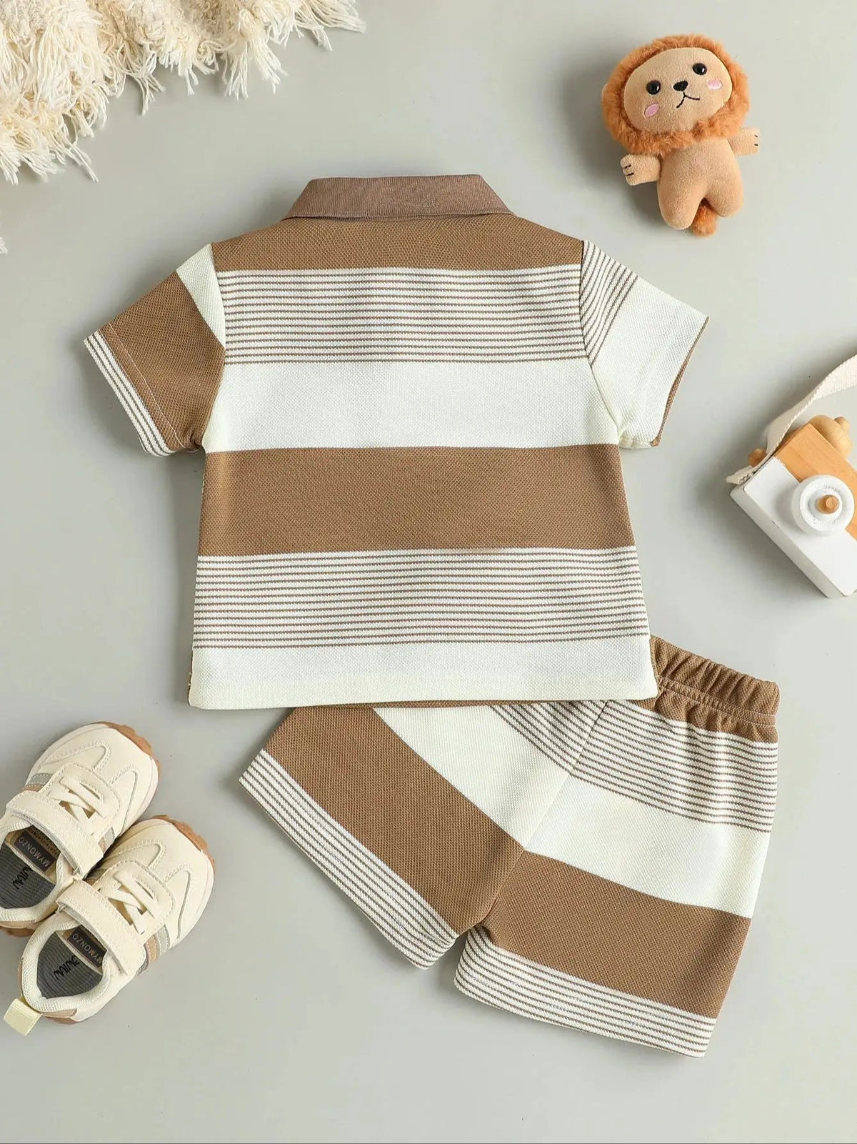 Children’s Summer New Arrival Boys’ Regular Striped Teddy Bear Short T-Shirt and Shorts Casual Sport Two-Piece Set - Astra Wear astrawear.ca