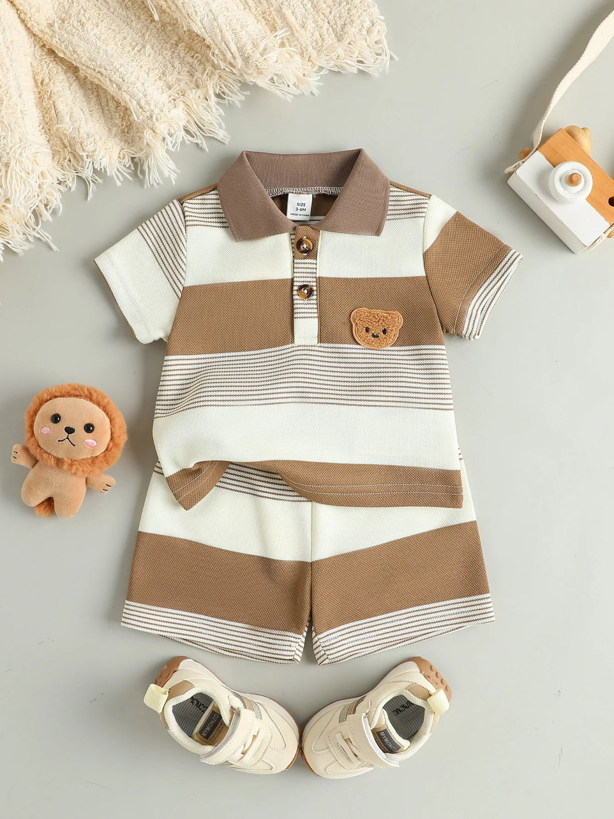 Children’s Summer New Arrival Boys’ Regular Striped Teddy Bear Short T-Shirt and Shorts Casual Sport Two-Piece Set - Astra Wear astrawear.ca