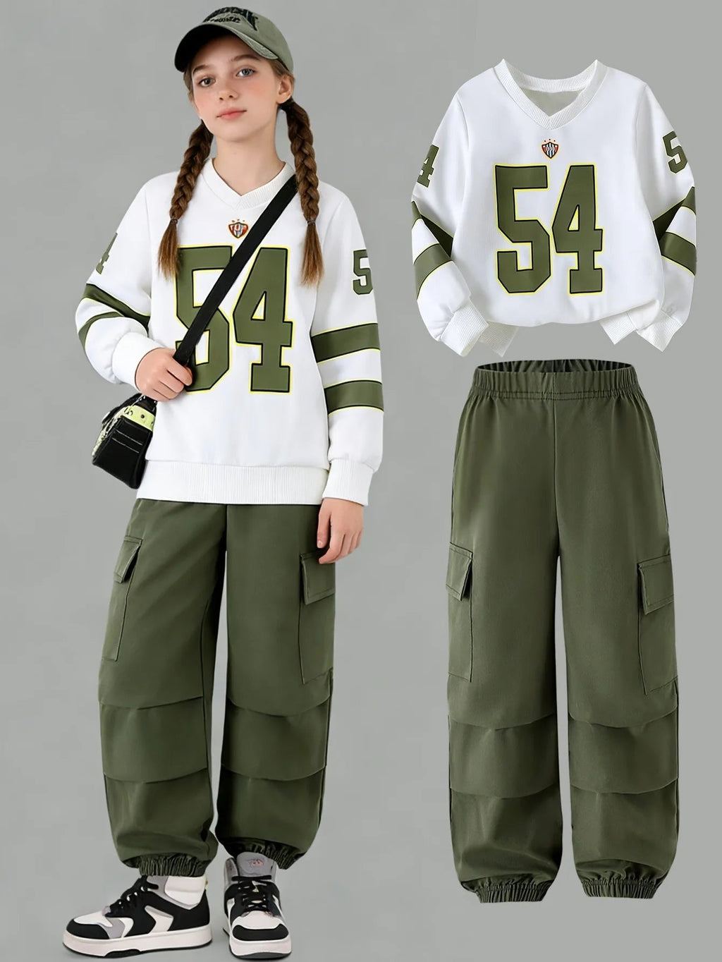 Comfy Kids Girls 2-Piece V-Neck Sweatshirt & Elastic Waist Cargo Jogger Pants Set Soft Breathable Daily School & Play Wear - Astra Wear astrawear.ca