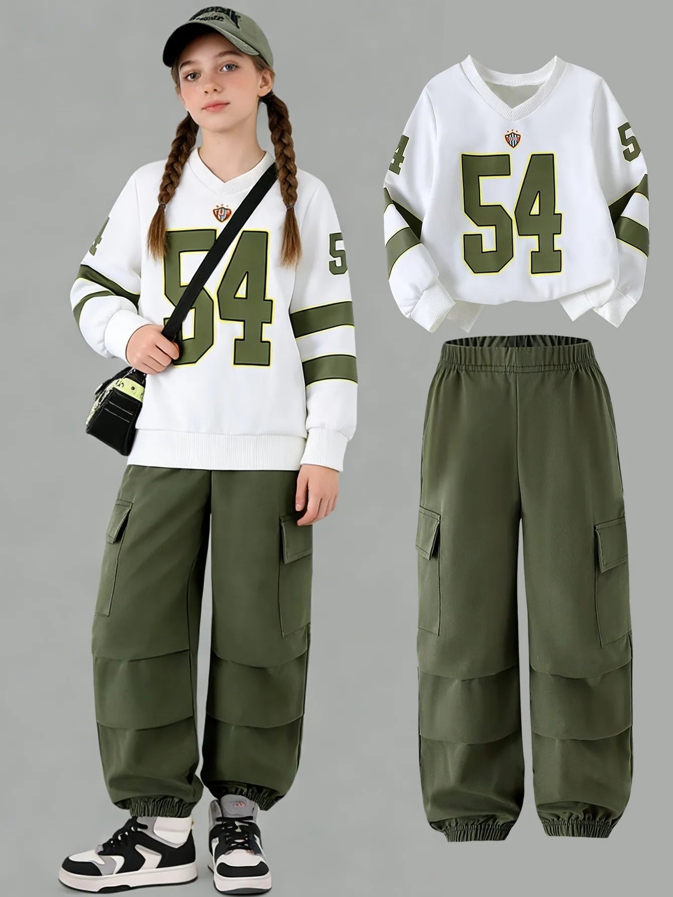 Comfy Kids Girls 2-Piece V-Neck Sweatshirt & Elastic Waist Cargo Jogger Pants Set Soft Breathable Daily School & Play Wear - Astra Wear astrawear.ca