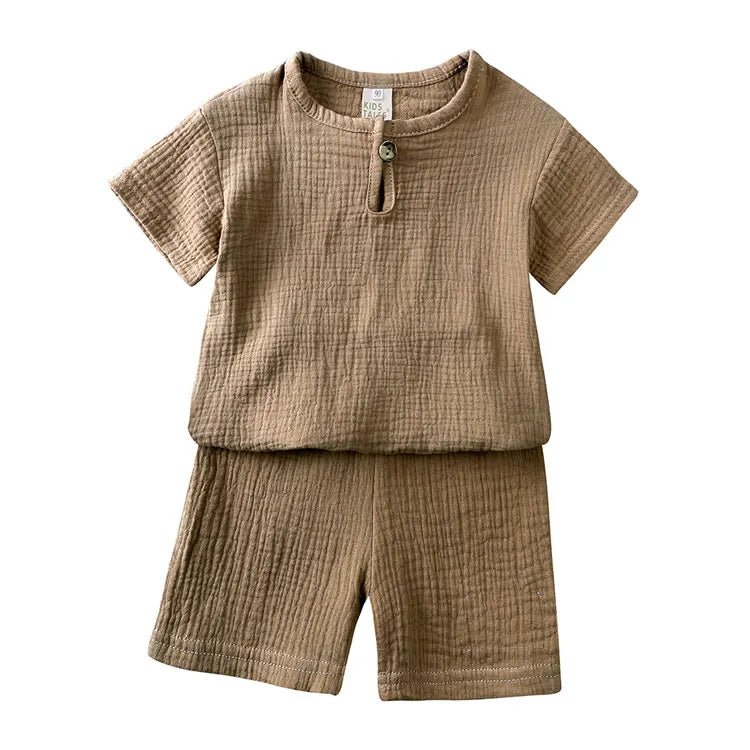 Cotton Linen Kids Clothes Girls Outfit Summer Boy Clothing Sets Solid Color Short Sleeve Tops Shorts Children Clothing 2-7 Years - Astra Wear astrawear.ca