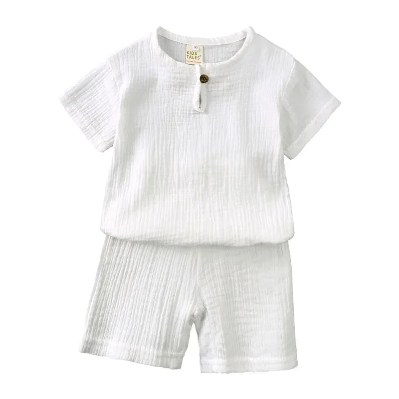 Cotton Linen Kids Clothes Girls Outfit Summer Boy Clothing Sets Solid Color Short Sleeve Tops Shorts Children Clothing 2-7 Years - Astra Wear astrawear.ca