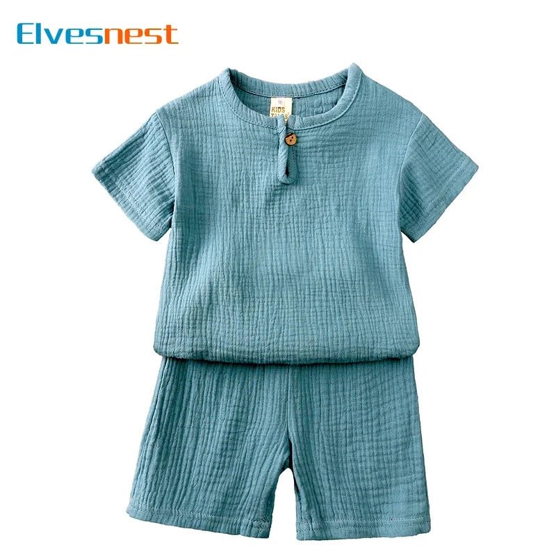 Cotton Linen Kids Clothes Girls Outfit Summer Boy Clothing Sets Solid Color Short Sleeve Tops Shorts Children Clothing 2-7 Years - Astra Wear astrawear.ca