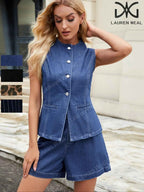 Ensemble Jean Femme 2 Pièces – Veste Denim Boutonnée + Short Jean