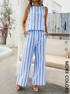 Ensemble Deux Pièces Rayé Femme – Top Sans Manches + Pantalon Ajusté