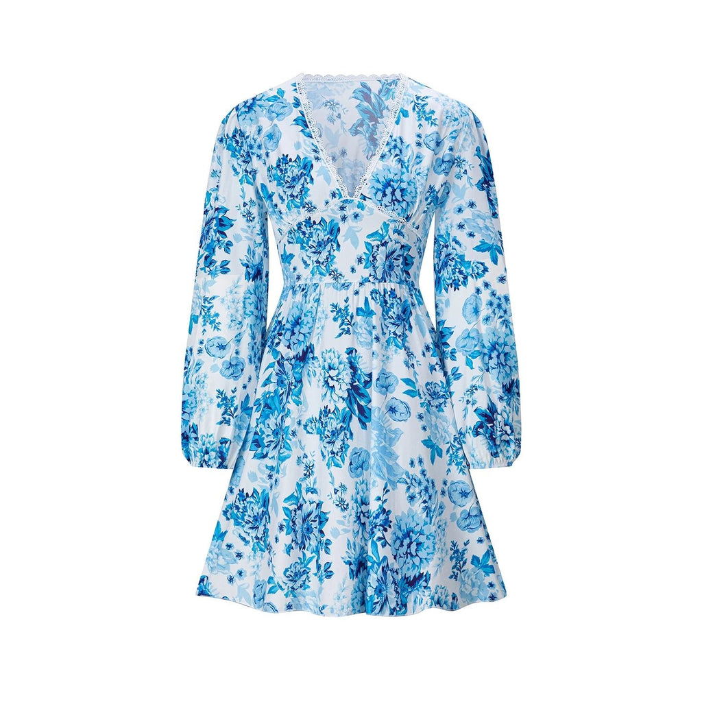 European and American Women's Clothing 206 New Product Lace Lace V-neck Printed Casual Vacation Long Sleeved Dress - Astra Wear astrawear.ca