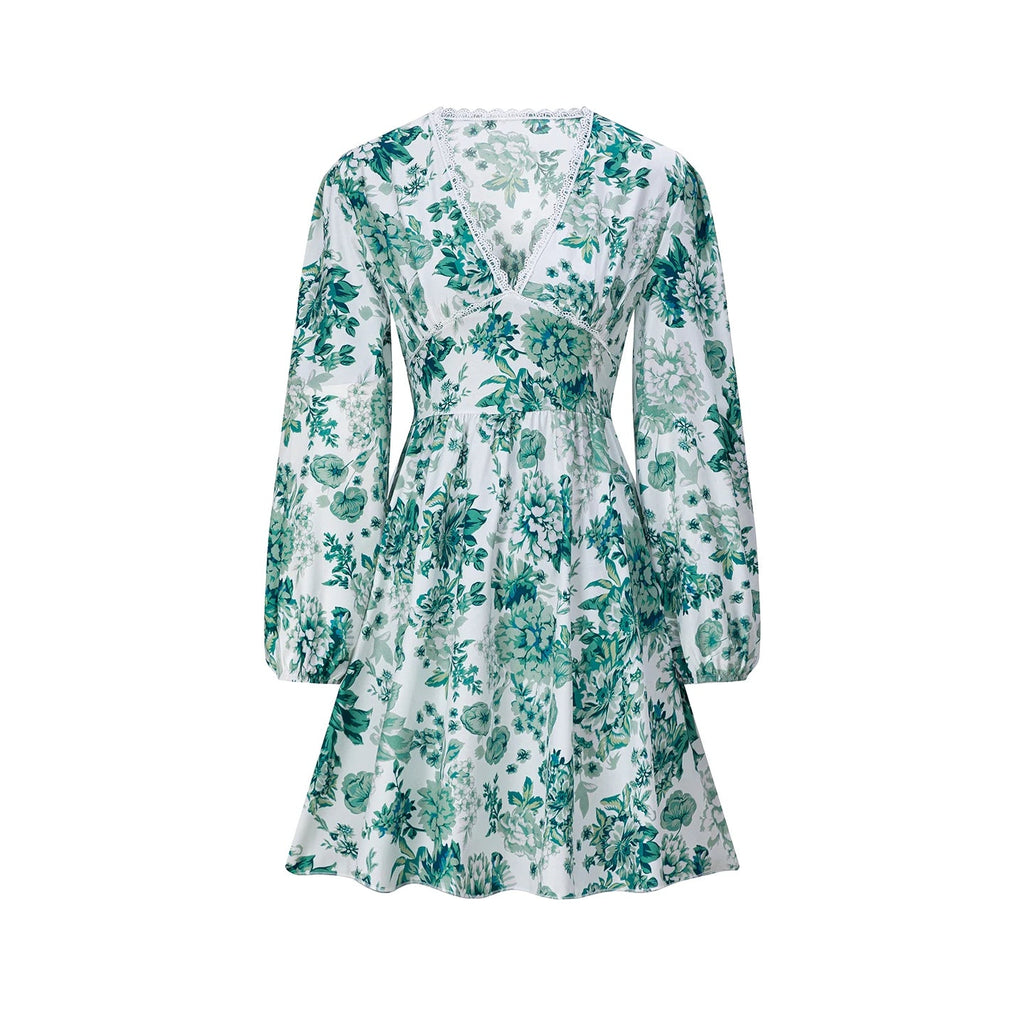 European and American Women's Clothing 206 New Product Lace Lace V-neck Printed Casual Vacation Long Sleeved Dress - Astra Wear astrawear.ca