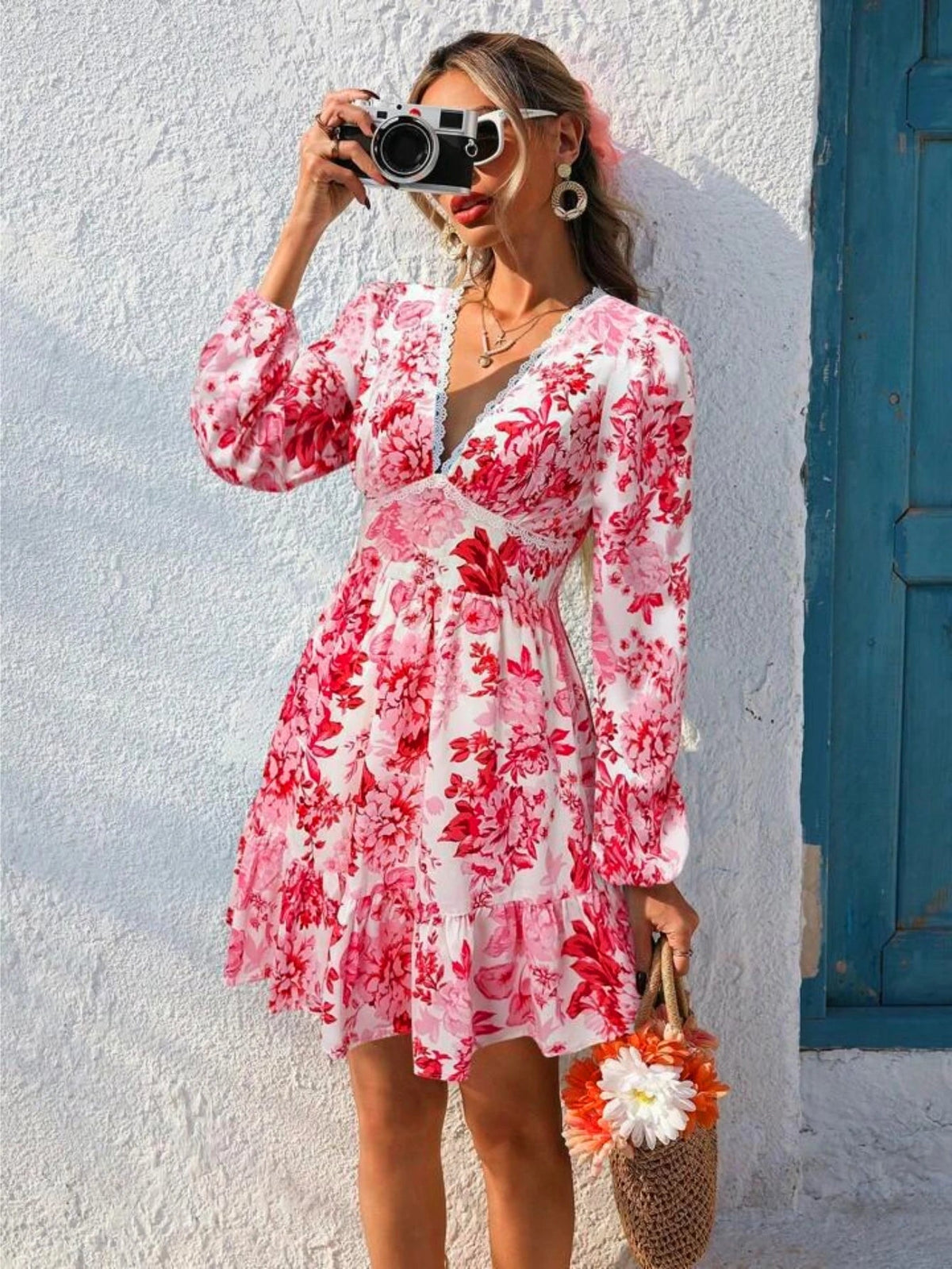 European and American Women's Clothing 206 New Product Lace Lace V-neck Printed Casual Vacation Long Sleeved Dress - Astra Wear astrawear.ca
