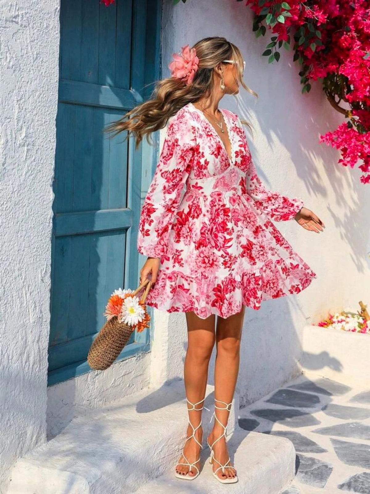 European and American Women's Clothing 206 New Product Lace Lace V-neck Printed Casual Vacation Long Sleeved Dress - Astra Wear astrawear.ca