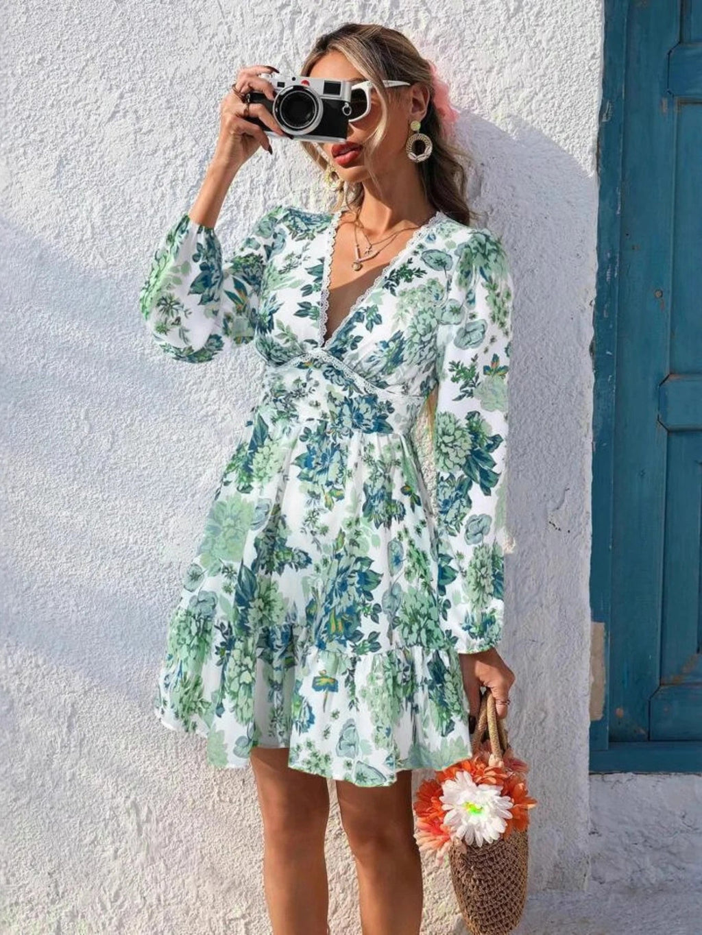 European and American Women's Clothing 206 New Product Lace Lace V-neck Printed Casual Vacation Long Sleeved Dress - Astra Wear astrawear.ca