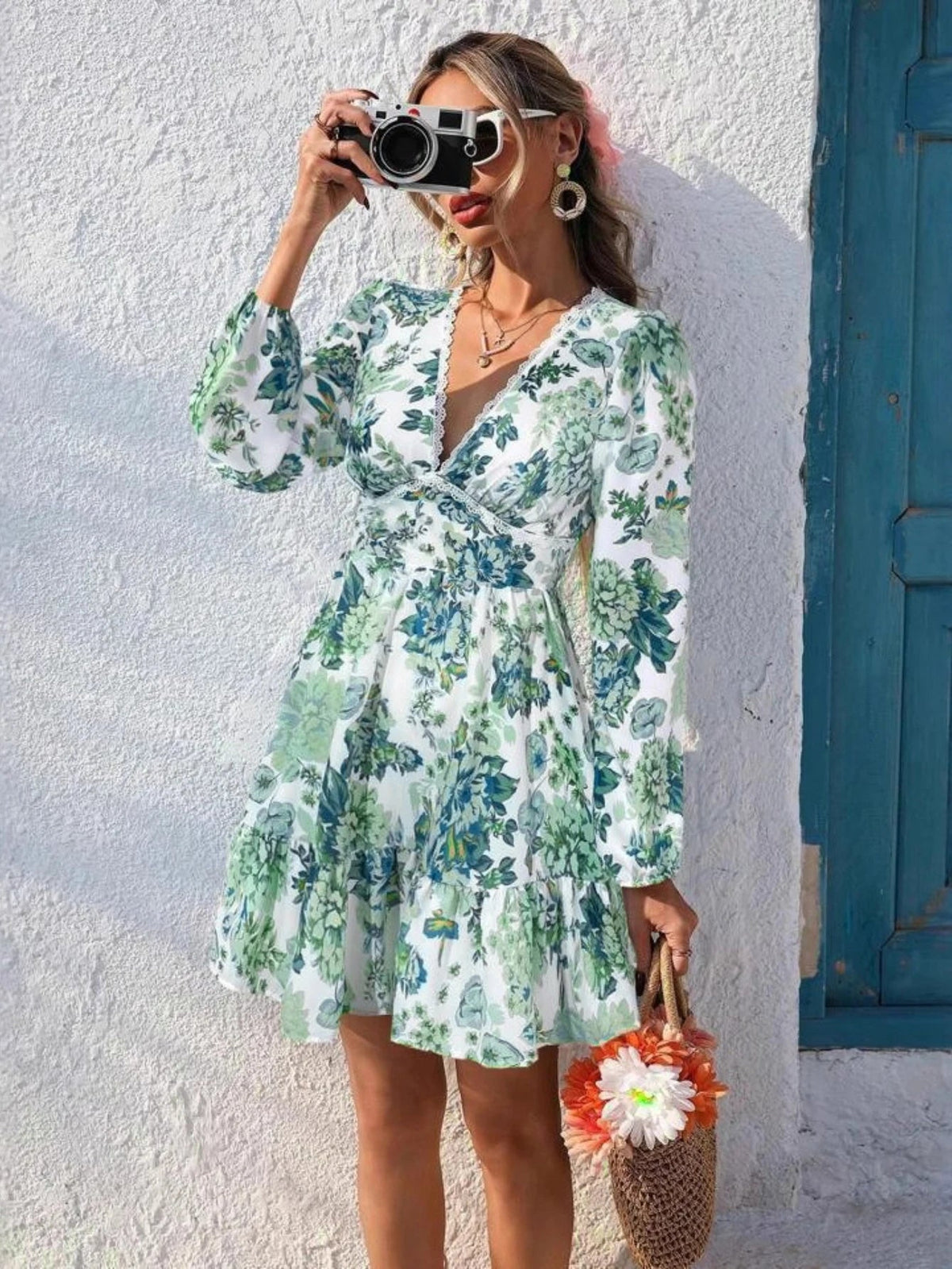European and American Women's Clothing 206 New Product Lace Lace V-neck Printed Casual Vacation Long Sleeved Dress - Astra Wear astrawear.ca