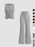 Women'S Casual Summer Plain Color Sleeveless Top & Wide Leg Drawstring Pants Set, Slim-Fit Design, Comfortable Knit Fabric, Perfect for Daily Wear, Womenswear