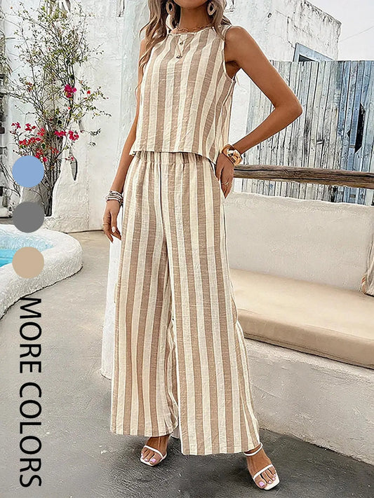 2Pcs Women'S Striped Sleeveless Two-Piece Set , Striped Sets, Lightweight Fabric & Matching Striped Pattern & Back Button Top & Elastic Waist Wide-Leg Pants & Multi-Color Options