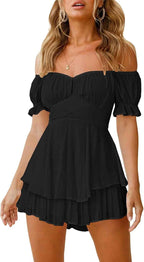 Combinaison Short Femme Boho – Romper Chiffon Épaules Dénudées Volants