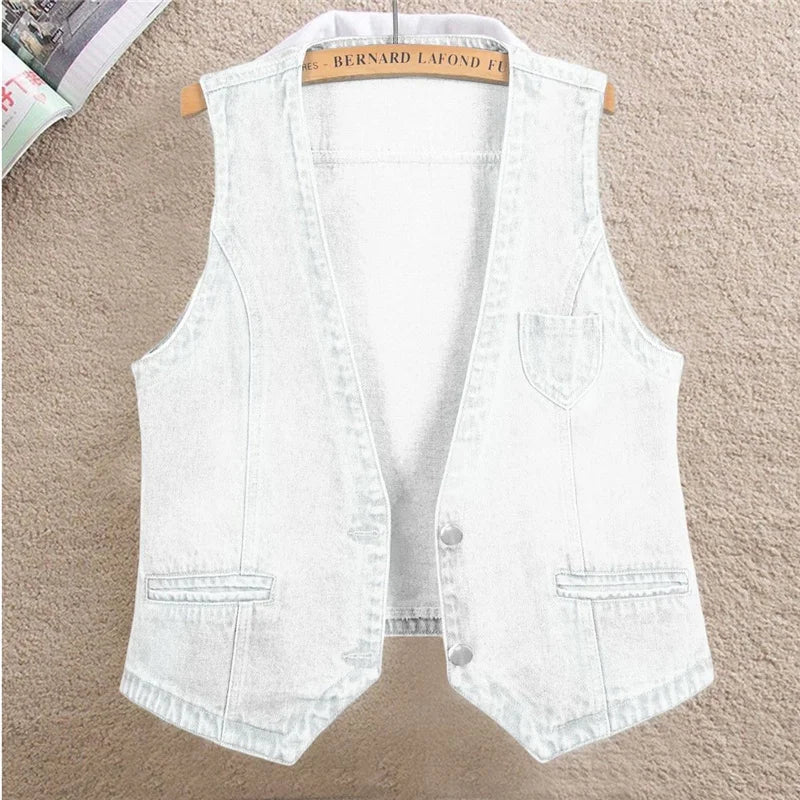 Fashion Denim Vest Female Streetwear V Neck Women Vest Summer Large Size Waistcoat Jeans Tops Sleevless Jacket Chaleco Mujer 6XL - Astra Wear astrawear.ca