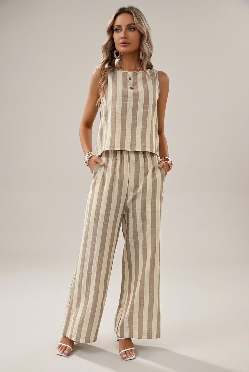 Ensemble femme à rayures beige et crème, haut sans manches et pantalon large, sur fond studio retouché par IA.