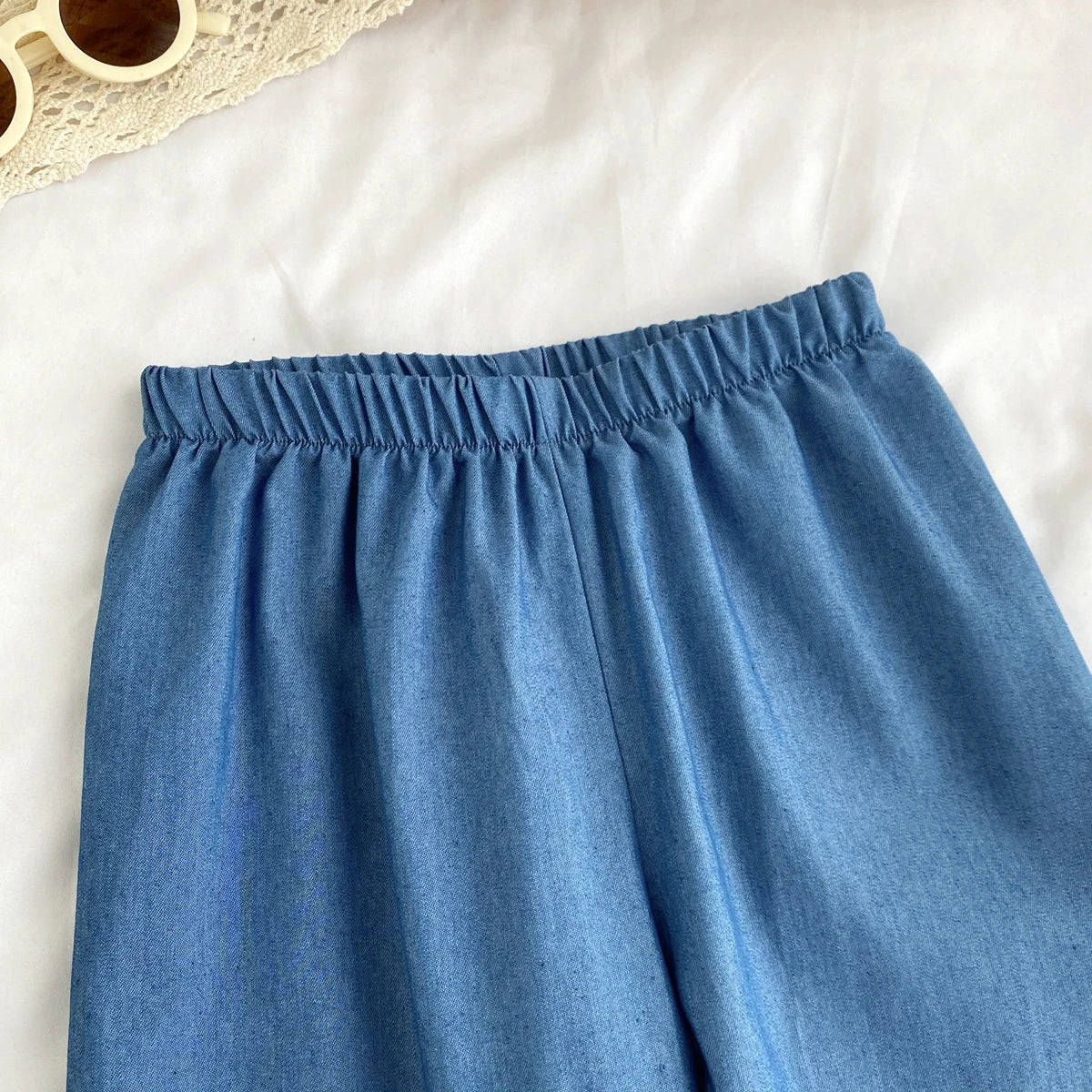 Kids Clothes Girls Summer Fashion Cowboy Blue Lace Bow+Lace Wide Leg Pants Sets Children's Daily Casual Wear - Astra Wear astrawear.ca