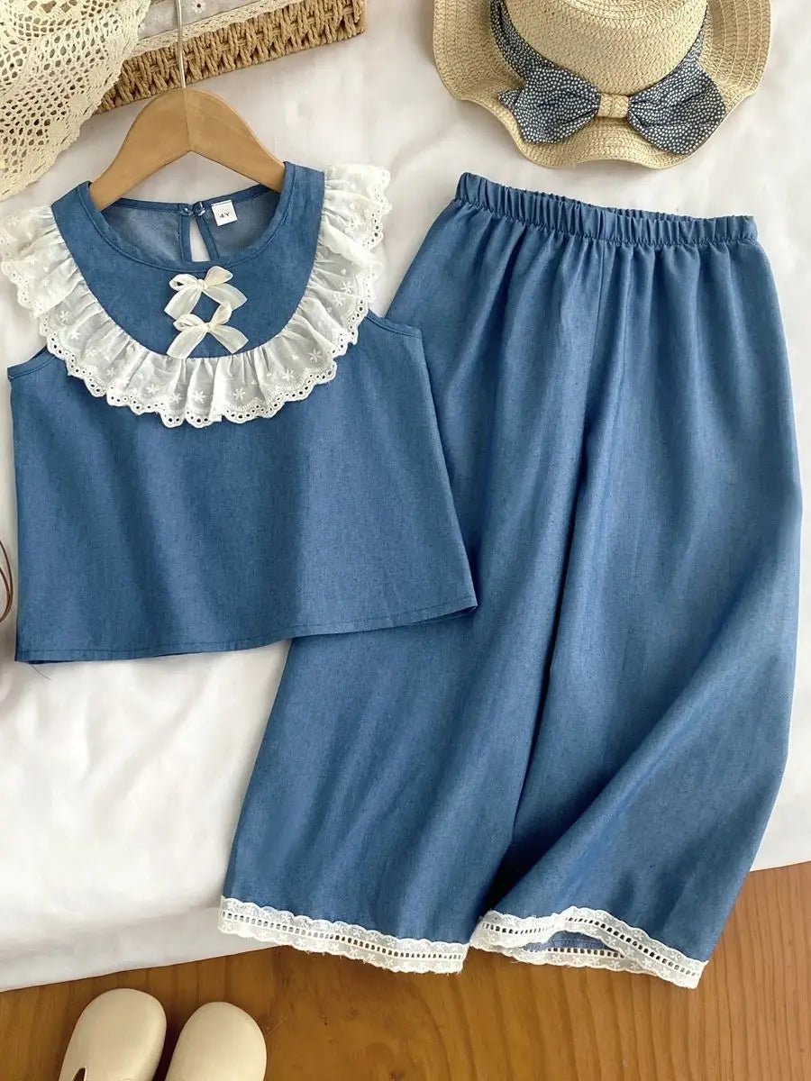 Kids Clothes Girls Summer Fashion Cowboy Blue Lace Bow+Lace Wide Leg Pants Sets Children's Daily Casual Wear - Astra Wear astrawear.ca