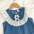 Kids Clothes Girls Summer Fashion Cowboy Blue Lace Bow+Lace Wide Leg Pants Sets Children's Daily Casual Wear - Astra Wear astrawear.ca