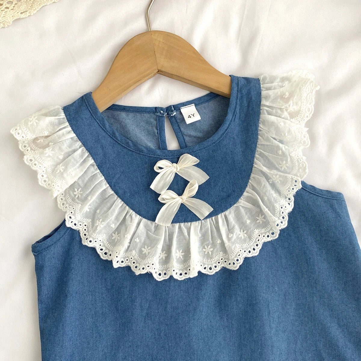 Kids Clothes Girls Summer Fashion Cowboy Blue Lace Bow+Lace Wide Leg Pants Sets Children's Daily Casual Wear - Astra Wear astrawear.ca