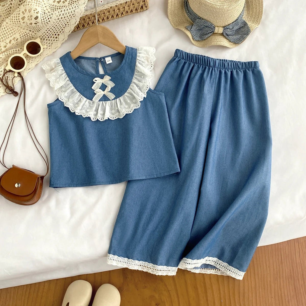 Kids Clothes Girls Summer Fashion Cowboy Blue Lace Bow+Lace Wide Leg Pants Sets Children's Daily Casual Wear - Astra Wear astrawear.ca