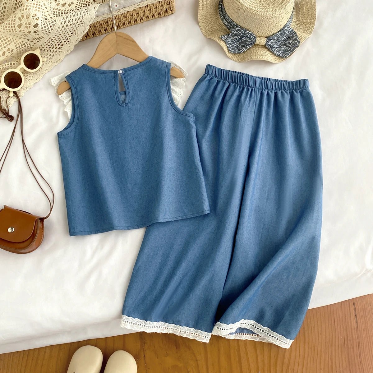Kids Clothes Girls Summer Fashion Cowboy Blue Lace Bow+Lace Wide Leg Pants Sets Children's Daily Casual Wear - Astra Wear astrawear.ca