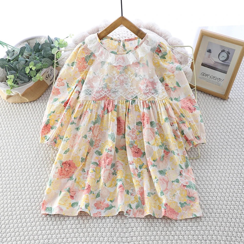 Kids Dresses for Girls Casual Lace-Trimmed Crewneck Long Sleeve Dress - Astra Wear astrawear.ca
