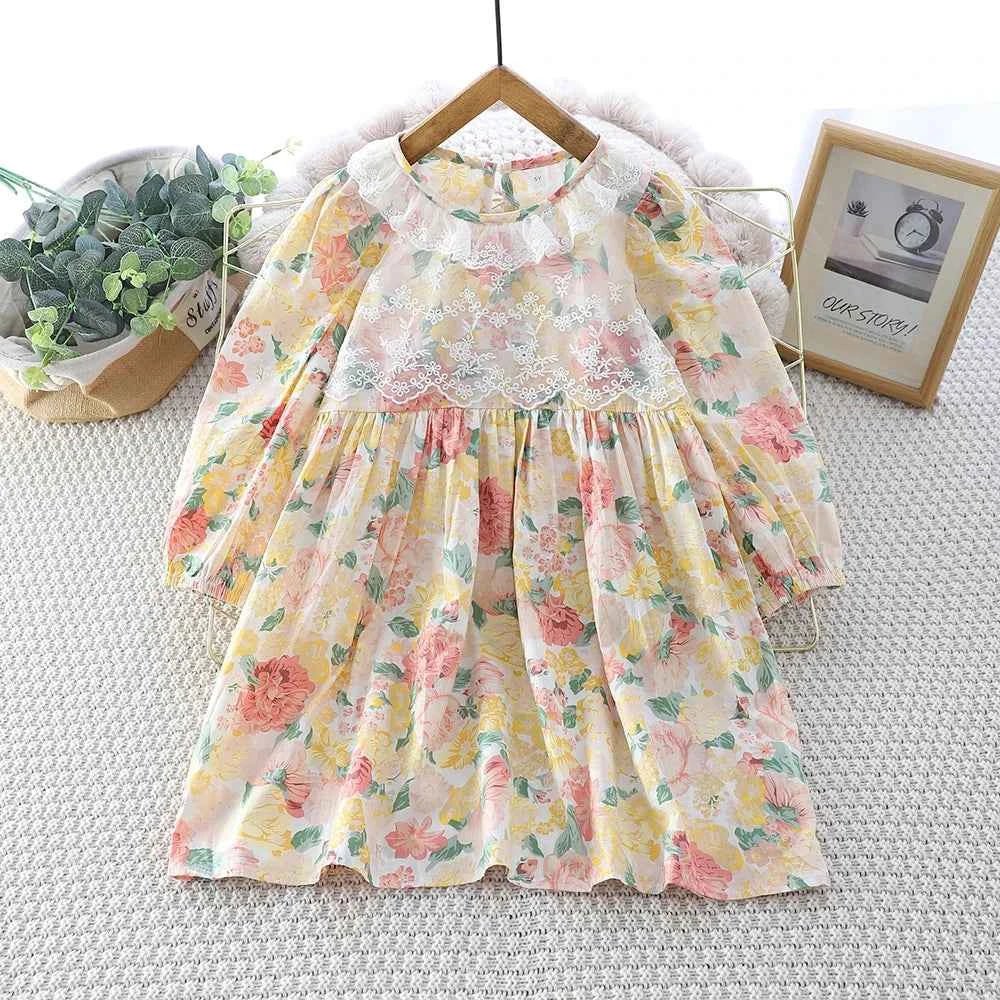 Kids Dresses for Girls Casual Lace-Trimmed Crewneck Long Sleeve Dress - Astra Wear astrawear.ca