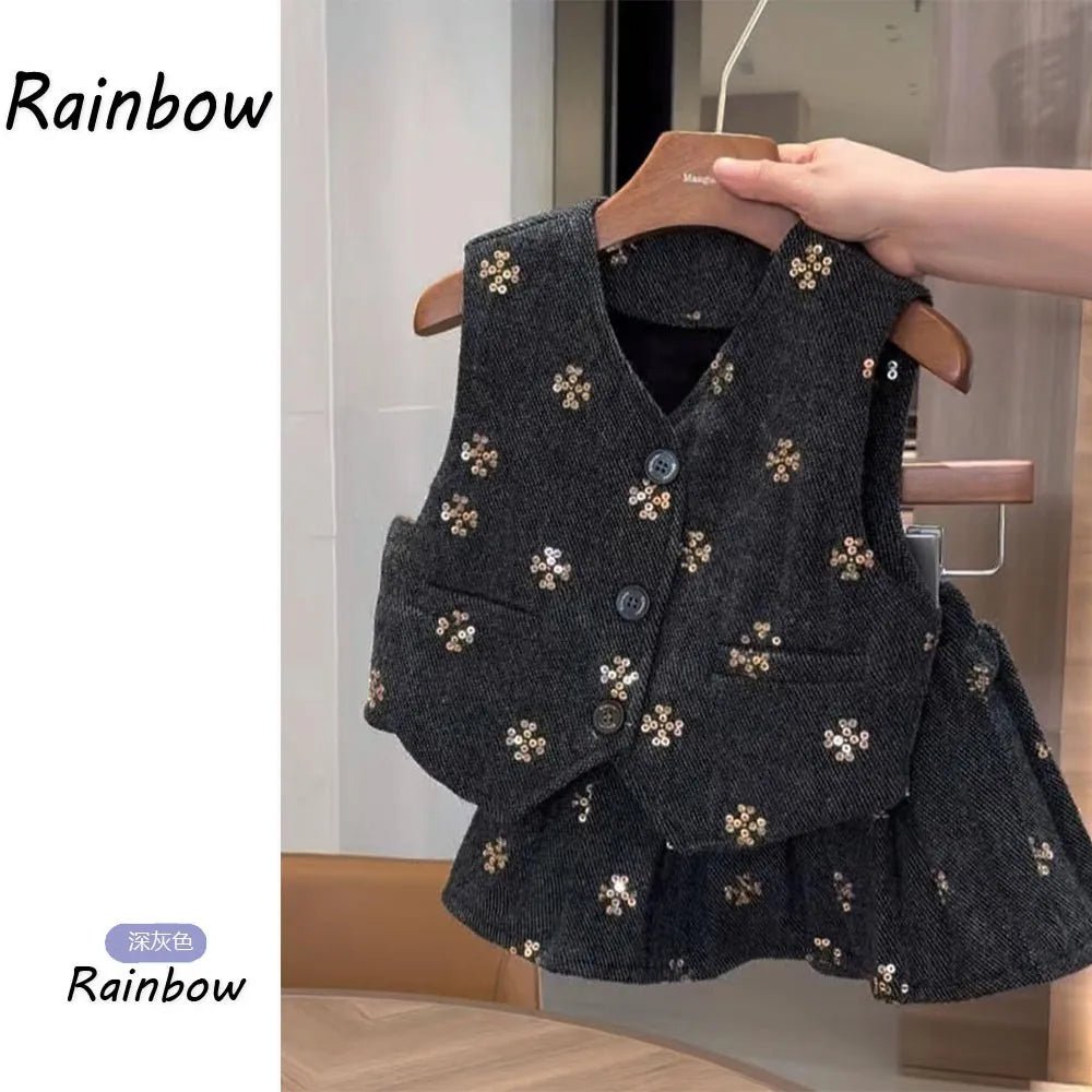 Kids Girls 2-Piece Clothing Set V-Neck Woolen Vest And Pleated Half-Length Skirt Autumn Winter Children's Outfit - Astra Wear astrawear.ca