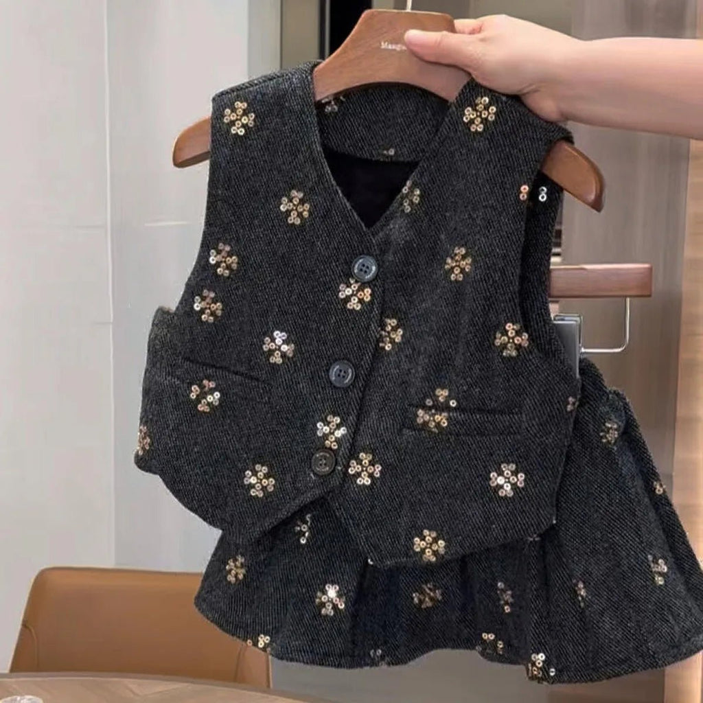 Kids Girls 2-Piece Clothing Set V-Neck Woolen Vest And Pleated Half-Length Skirt Autumn Winter Children's Outfit - Astra Wear astrawear.ca