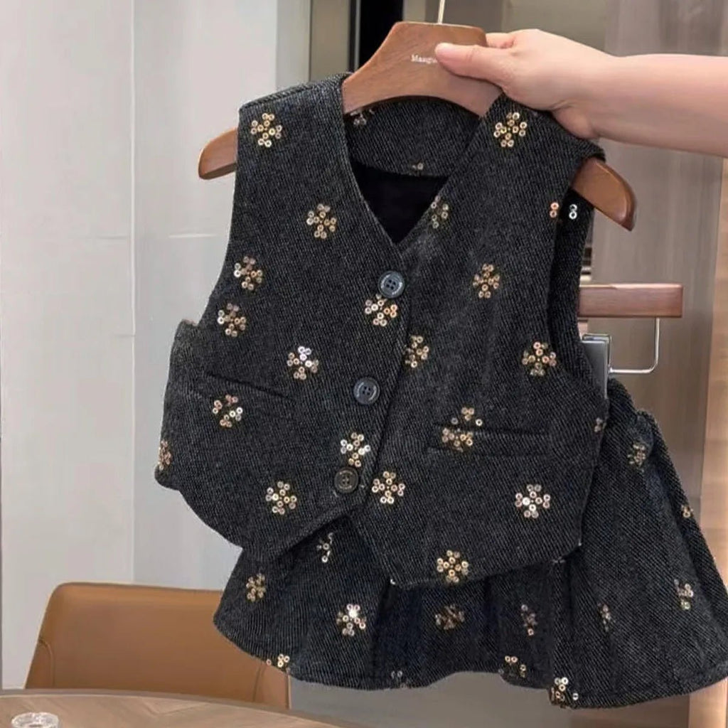 Kids Girls 2-Piece Clothing Set V-Neck Woolen Vest And Pleated Half-Length Skirt Autumn Winter Children's Outfit - Astra Wear astrawear.ca