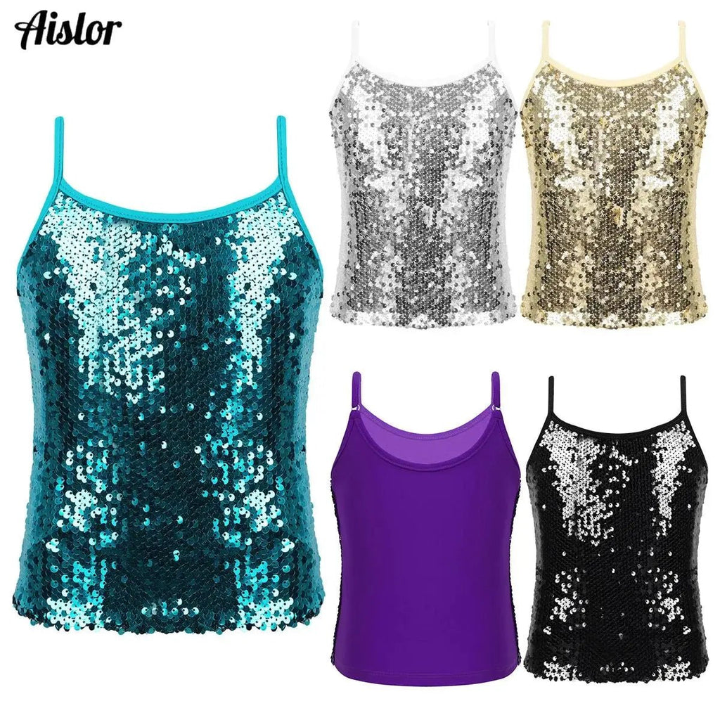 Kids Girls Shiny Sequined Tops Vest Jazz Dance Camisole Tanks Top for Ballet Dancing Stage Performance Girls Clothing Streetwear - Astra Wear astrawear.ca