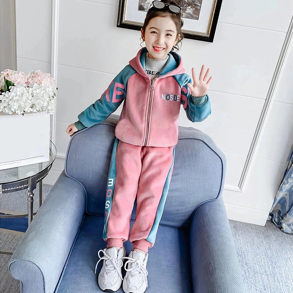 Kids Velvet Tracksuits,Cotton Jogging Suits,2-Piece Hooded Long Sleeve Sweatshirt + Pants Set,Girls Jacket,Casual Sports Wear - Astra Wear astrawear.ca