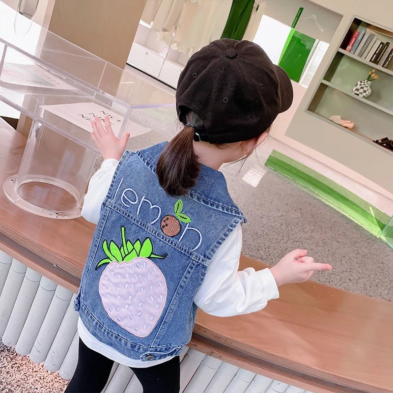 Lovely Baby Girls Denim Vest 2025 New Child Strawberry Clothes Korean Kids Design Sleeveless Jacket Toddler Cute Denim Waistcoat - Astra Wear astrawear.ca
