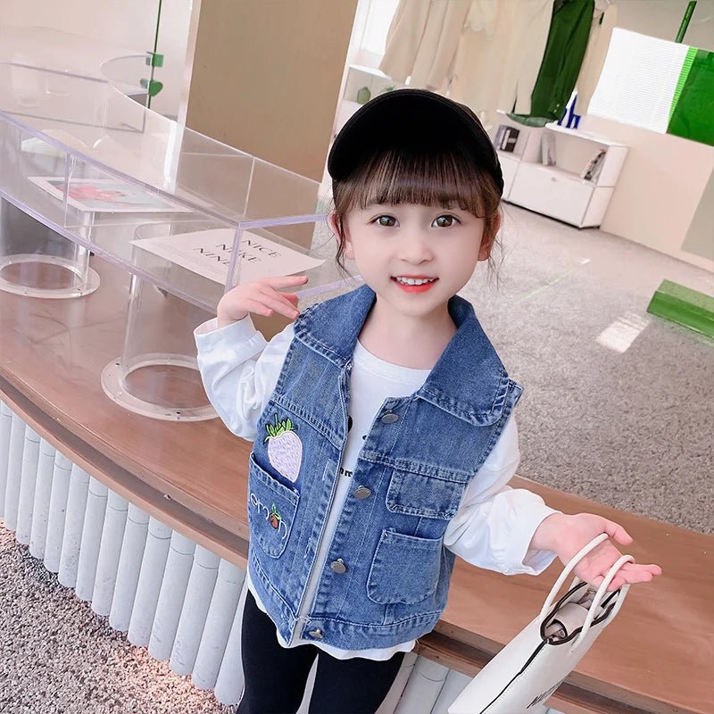 Lovely Baby Girls Denim Vest 2025 New Child Strawberry Clothes Korean Kids Design Sleeveless Jacket Toddler Cute Denim Waistcoat - Astra Wear astrawear.ca