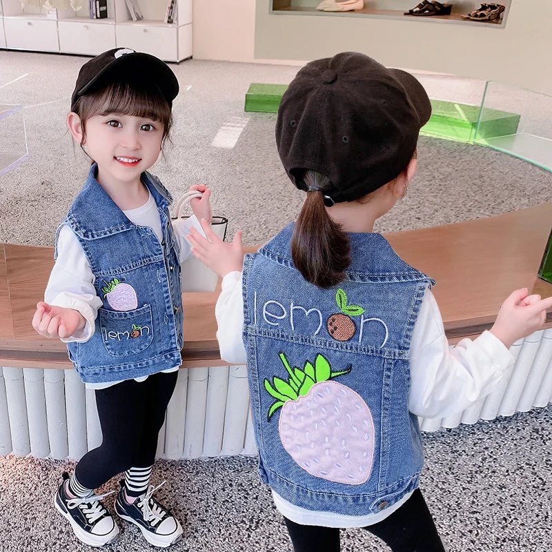 Lovely Baby Girls Denim Vest 2025 New Child Strawberry Clothes Korean Kids Design Sleeveless Jacket Toddler Cute Denim Waistcoat - Astra Wear astrawear.ca
